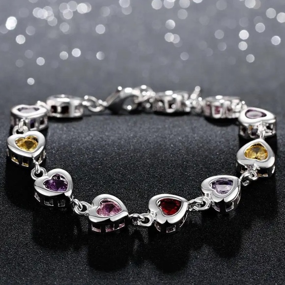 Sterling Silver Heart Multicolor Gemstone 925 Stamped Bracelet - Picture 4 of 13